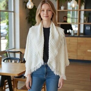 Style & Co. Cream Knit Shawl with Fringe Size L